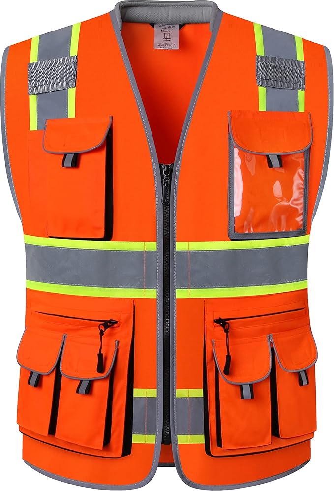 JKSafety 10 Pockets Class 2 Hi-Vis Zipper Front Safety Vest | Cushioned Collar | High Reflective Tapes with Extended Neon Yellow Strips | Meets ANSI/ISEA Standards (X-Large, 89-Orange)