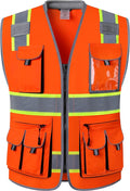JKSafety 10 Pockets Class 2 Hi-Vis Zipper Front Safety Vest | Cushioned Collar | High Reflective Tapes with Extended Neon Yellow Strips | Meets ANSI/ISEA Standards (XX-Large, 89-Orange)