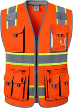 JKSafety 10 Pockets Class 2 Hi-Vis Zipper Front Safety Vest | Cushioned Collar | High Reflective Tapes with Extended Neon Yellow Strips | Meets ANSI/ISEA Standards (XX-Large, 89-Orange)