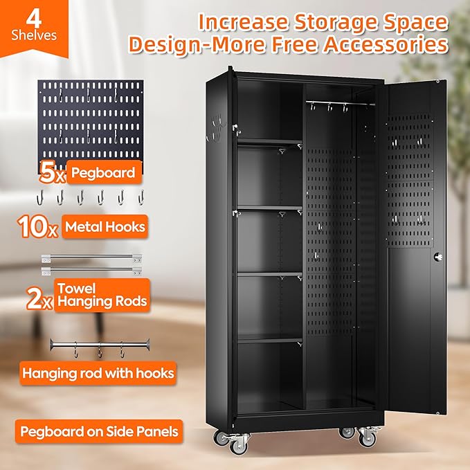 71" H Broom Closet Storage Cabinet with Wheels,Rolling Tool Cabinet with Lockable and Magnetic Doors,Adjustable Shelves and Pegboard for Garage Warehouse Home,Required Assembly,Black