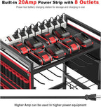 JUNNUJ Garage Large Power Tool Organizer Cart with 20A Charing Station, Heavy Duty Drill and Tools Battery Holder Storage Rack, Floor Standing Rolling Tool Cart on Wheels, Red