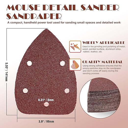 70pcs Mouse Sander Sandpaper Assortment Kit, 5 Hole Detail Sander Sandpaper Palm Sander Paper Mouse Sanding Pads Hook and Loop Sanding Sheets - 40/60/80/100/150/240/320 Grit