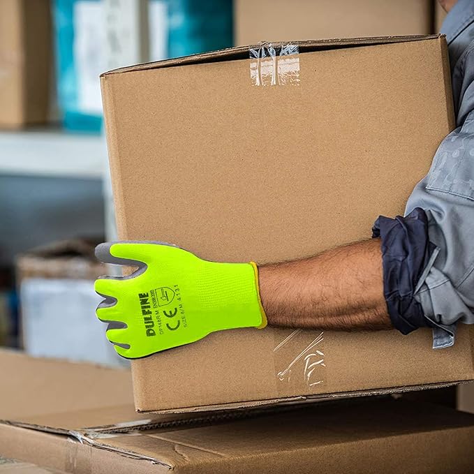 DULFINE Safety Work Gloves for Men PU Coated 12 Pairs Bulk Pack,Hi-Vis Yellow Seamless Knit Glove with thin Polyurethane Coated Smooth Grip on Palm & Fingers,Ideal for General Duty Work (Extra Large)