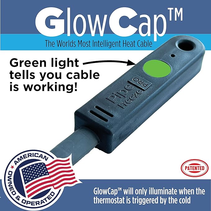 Radiant Solutions Company Intelligent Heat Tape for Water Pipe Freeze Protection - with GlowCap™, Built-in Thermostat, Tape Included, 10-yr Warranty, Heavy-Duty, Self-Regulating, 120V (125 Ft)