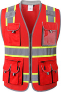 JKSafety 10 Pockets Hi-Vis Zipper Front Fluorescent Red Safety Vest | Cushioned Collar | High Reflective Tapes with Extended Neon Yellow Strips | Meets ANSI/ISEA Standards (XX-Large, 89-Red)