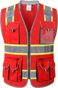 JKSafety 10 Pockets Hi-Vis Zipper Front Fluorescent Red Safety Vest | Cushioned Collar | High Reflective Tapes with Extended Neon Yellow Strips | Meets ANSI/ISEA Standards (Large, 89-Red)