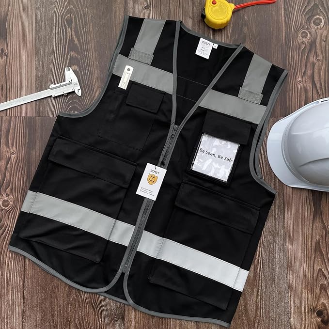 TCCFCCT Safety Vest for Men Women 5 Pockets Reflective Vest with Reinforced Zipper, High Visibility Construction Work Vest with Tabs for Walkie-talkie, Durable to Use, Meets ANSI/ISEA, Black, XXL