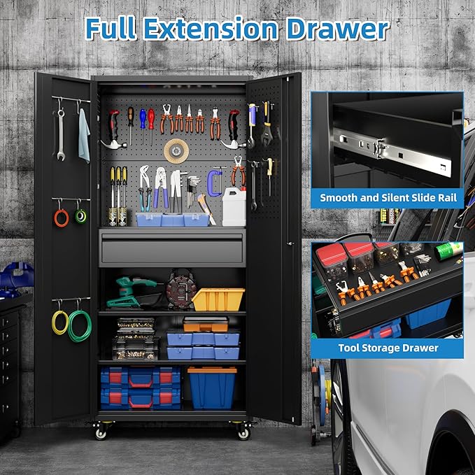 71" H Metal Garage Storage Cabinet with Locking Doors and 2 Adjustable Shelves, Rolling Tool Storage Cabinet with Wheels, Drawer, Pegboard and 16 Hooks for Garage, Warehouse, Black