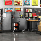 Tool Chest, Tool Cart with 2 Drawer and Lockable Doors, Garage Storage Cabinet with Wheels, Pegboard and 4 Hooks for Garage, Workshop, Metal Tool Storage Cart