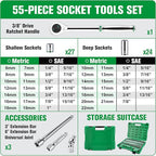 SK 3/8" Drive Socket Set with 160-P Ratchet, 55-Piece, SAE & Metric, SuperKrome Finish, Premium CR-V Construction, with Storage Suitcase