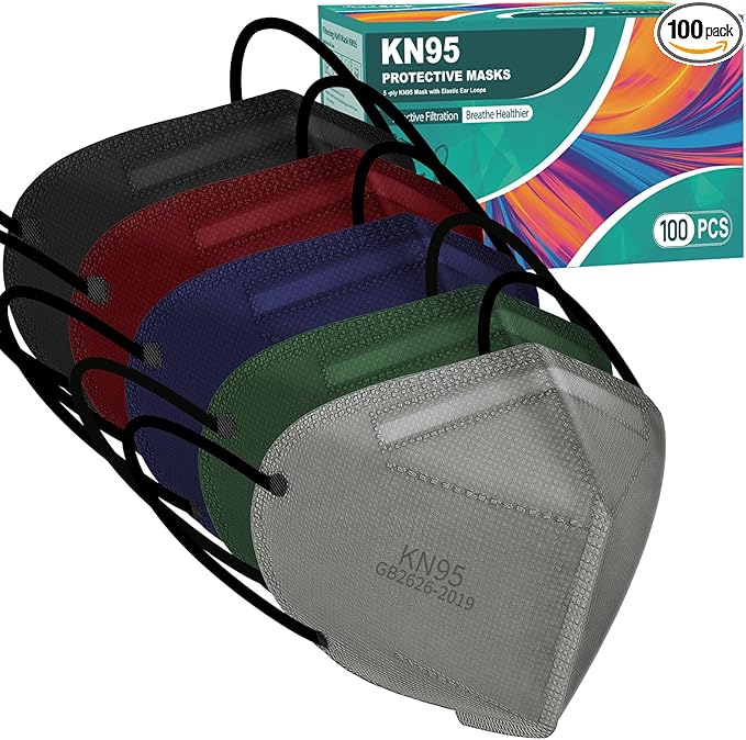 XDX KN95 Face Masks, 100 Packs Individually Wrapped Multicolor Face Masks for Men and Women, 5 Layers Comfortable Masks Disposable, Filter Efficiency ≥95%