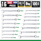 SK Combination Wrench Set, SAE 5/16" to 3/4", Metric 8, 10, 12, 13, 14, 15, 17, 19mm, 16-Piece, SuperKrome Finish, Premium CR-V Construction, with Rolling Pouch