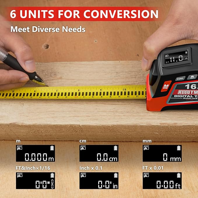 Alloyman 2-in-1 Digital Tape Measure, 16Ft Length, 6 Unit Options, 4 Measuring Modes, Stores 50 Records, Auto Lock with Magnetic Hook, Waterproof & Drop-Resistant