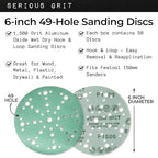 6-Inch 49-Hole 1500 Grit Sanding Discs - Heavy-Duty Hook & Loop Film Discs - Sandpaper for Random Orbital Sanders - 50 Pack Box