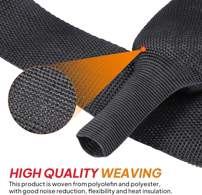 Black 2:1 Ratio Automotive Heat Shrink Braided Sleeving,Wear-Resistant Flat Woven Shrinkable Sleeve Fabric Car Cable Wires Hoses Protection (1/4"-26ft)