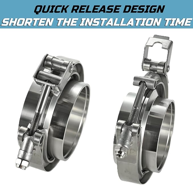 Quick Release Stainless Steel 2.5 V Band Clamp with Male Female V Band Flange for Exhaust, Turbocharger, Turbo or Downpipe, Sold In Pair (2.5''), Silver