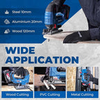 Dong Cheng 20V Brushless Jigsaw, 26mm Stroke, 800-3500 SPM, 0-45° Bevel, 6-Speed, Orbital Action, Dual LED, Dust Blower, with 4Ah Battery, Charger, 6 Blades, Guide Rail & Tool Bag