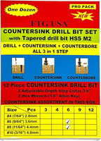 FTG USA 6 Pc #6 (9/64"), 6 Pc #8 (11/64") Countersink Drill Bit Set with Depth Stop Collar, Hex Wrench - Tapered Drill Bits for Wood