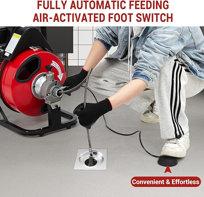 Auto Feed 75 FT x 1/2 Inch Drain Cleaner Machine with 370W Motor, Portable Sewer Snake Auger with 8 Cutters & Air-activated Foot Switch, Fits 1" to 4" Pipes, Black & Red