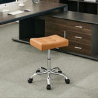 Office Stool with Wheels (300lbs Capacity) (Adjustable Height 17"-21") Brown Faux Leather Workbench Stool (Camel Brown)