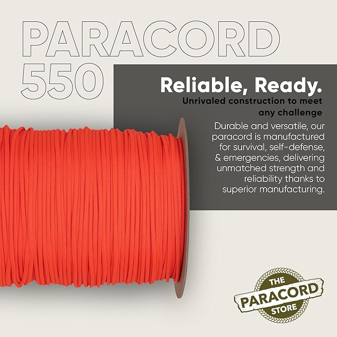 The Paracord Store | Type III 550 Paracord - 1000 FT Spool, Neon Orange | Heavy Duty 7 Strand Tactical Paracord - USA Made Nylon Outdoor Parachute Cord for Camping, Fishing & More - Survival Cord
