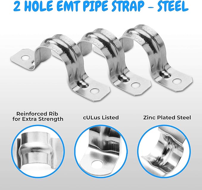OHLECTRIC Heavy Duty Pipe Strap (50 Pack - ¾ Inch) Zinc Plated Steel Conduit Clamps, 2 Hole Steel EMT Pipe Strap U Bracket, Zinc Coated Tension Tube Clip, Metal Pipe Clamp for EMT Conduits