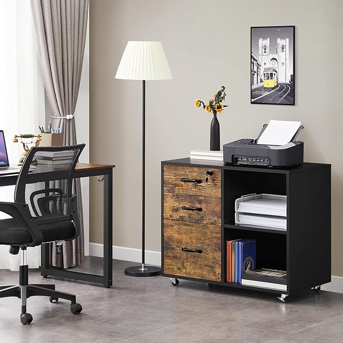 Yaheetech Lateral File Cabinet with Lock for Letter, A4 Size, 3 Drawer Printer Stand with Open Storage Compartments, Mobile Filing Cabinet for Home Office, Black/Rustic Brown