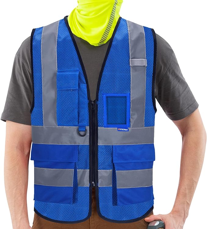 A-SAFETY High Visibility Mesh Safety Reflective Vest with Pockets and Zipper,Hi Viz Work Vest for Men Women (Blue Mesh S)