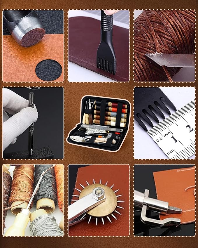 PLANTIONAL Leather Working Tools for Beginners: Professional Leather Craft Kit with Waxed Thread Groover Awl Stitching Punch for Leathercraft Adults Gifts 02