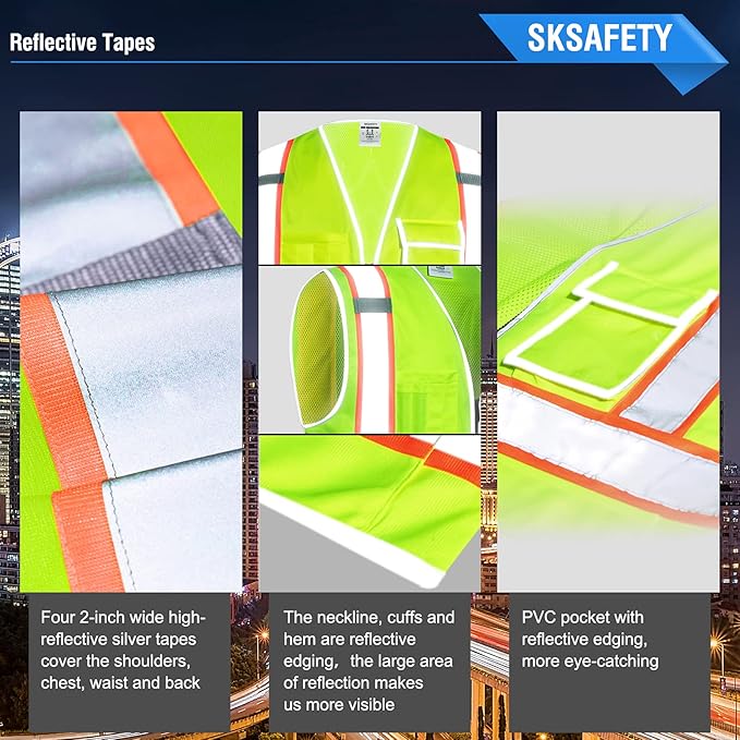 SKSAFETY 10 Pockets Safety Vest, Class 2 High Visibility Security with Zipper Back Mesh, Hi Vis Vest with Reflective Strips, ANSI/ISEA Standard, Construction Work Vest for Men ＆ Women （Lime, L）