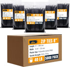 ALBO Zip Ties Black 8 Inch 5000 Pack 40 lb, Long Plastic Cable Ties Thick 0.14 Inch Tie Wraps Heavy Duty UV Resistant Nylon Wire Ties for Indoor and Outdoor / 5000pcs