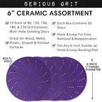 6-Inch Assorted Grit Ceramic Multi-Hole Hook & Loop Sanding Discs - Advanced Grain for Fast Cutting & Long Life - Film-Backed Universal Fit Sandpaper for 6-in Sanders - 50 Pack Box
