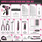 WORKPRO Pink Cordless Drill Driver with Toolbox, 8V Lithium-ion Power Drill and Bits, 2.0 Ah Portable Electric Screwdriver Home Tool Set with Stackable Pink Ribbon Tool Box
