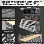 HAUTMEC 72" Rolling Tool Chest, Mobile Garage Workbench, Heavy-Duty Tool Cabinet on Wheels with 15 Drawers, 3 Upper Cabinets, Pegboard & 51 Hooks, Oak Work Surface & Power Strip – HT0428