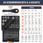 PRIDE&CRAFT 77PC 1/4" Magnetic Ratchet Wrench Set, Screwdriver Bits Set, Mini Sockets Set, For Tiny Spaces