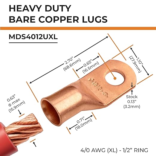 SELTERM 5pcs 4/0 AWG (XL) 1/2" Stud Copper Wire Lugs, Ring Terminals, Battery Cable Ends, 0000 Gauge Ring Terminal Connectors, UL Heavy Duty Bare Copper Eyelets Battery Terminal Connectors