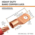 SELTERM 25pcs 4/0 AWG(XL) 1/2" Stud Battery Lugs,Ring Terminals,Heavy Duty Copper Wire Lugs,Battery Cable Ends, 0000 Gauge Ring Terminal Connectors,UL Bare Copper Eyelets Electrical Battery Cable Lugs