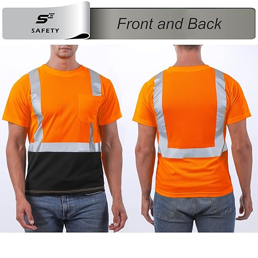 sesafety Hi Visibility Shirts for Men, Safety Shirts with Reflective Strips Class 2, Hi Vis Construction Work Shirt with Pocket Orange 5XL