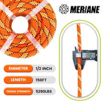 1/2inch 150ft Double Braid Polyester Rope, 48 Strands, 5290lbs Breaking Strength, Orange Arborist Rigging Rope for Various Indoor Outdoor Use Hiking Camping Swing Sailing
