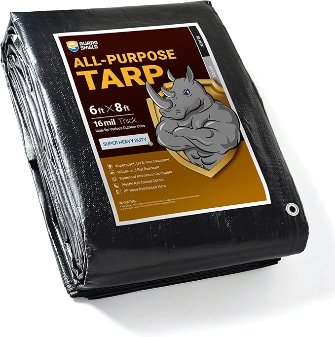 GUARD SHIELD Super Heavy Duty Black/Silver Ploy Tarp Cover 6x8 Feet Waterproof Tarps16mil Thick UV and Tear Resistant Tarpualin