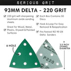 3.5" (93mm) 6-Hole 220 Grit Triangle Sanding Sheets - Fits Festool Rotex RO 90 Delta - Heavy-Duty Hook & Loop Film Disc Abrasives - Sandpaper for Detail Sanders - 50 Pack Box