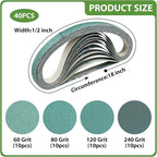 40-Pack 1/2×18 Inch Ceramic Sanding Belts, 10 Pcs Each of 60 80 120 240 Grit Belt Sander Sandpaper, Heavy-Duty Air File Sander Belt for Metal, Stainless, Wood