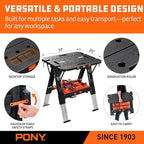 Pony Portable Folding Work Table, 2-in-1 as Sawhorse & Workbench, 31” W×25” D×25”-35”H, Large Load Capacity with 4pcs Clamps, 4pcs Bench Dogs