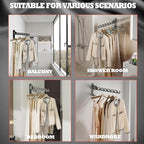 Dr.DJ Wall Mount Coat Hanger Holder Black Clothes Drying Organizer Rack Garment Hooks Aluminium Retractable Folding Indoor Wall Mounted Hanger for Laundry Room Bedroom Black 2Pack with 80cm Rod