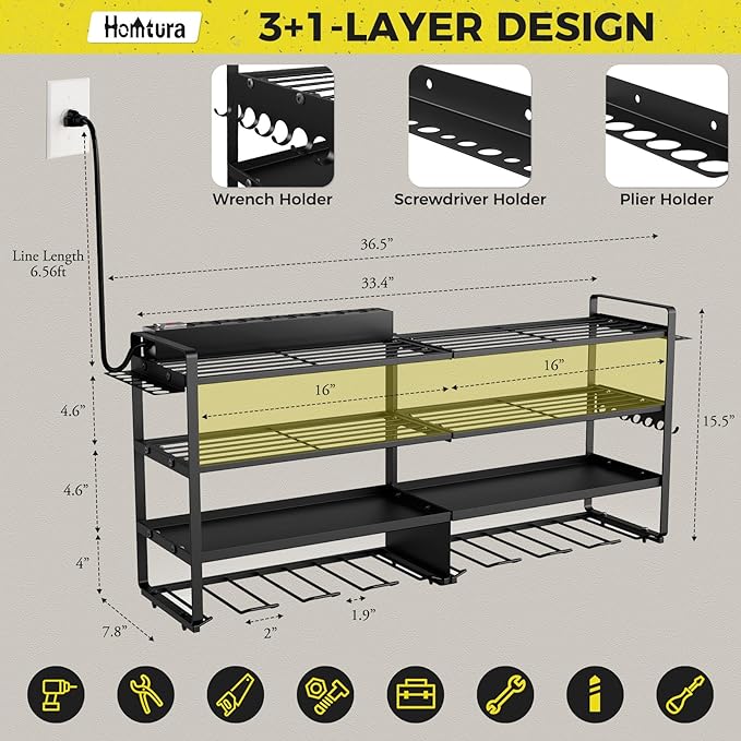 3 Pack Power Tool Organizer Wall Mount with Charging Station, 8 Outlet Power Strip & 4 Layers Storage Rack with 8 Drill Holders for Cordless Tools, Heavy Duty Utility Racks for Garage Workshop