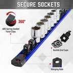 ALOANES 3-Piece Magnetic Socket Organizer, Heavy Duty Aluminum Socket Rails Organizer, 360° Swivel Clips Socket Holder Kit for Tool Box, 1/2, 3/8, 1/4-Inch Socket Holder x 40 Clips (Blue)