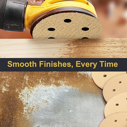 105 PCS 6 Inch Sanding Discs, 6 Hole Hook and Loop Gold Round Sandpaper for Random Orbital Sander 60 80 120 180 220 320 400 Grit