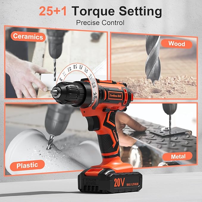 Cordless Drill Set, 20V Power Drill with Power Pack 2.0Ah and Charger, 3/8-Inch Keyless Chuck Electric drill, 25+1 Position, 42pcs Drilldriver Bits/Screws for DIY Projects (Orange)