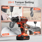 Cordless Drill, 20V Power Drill, Double 2000mAh Power Pack Electric Drills, Cordless Drills with Power Pack and Charger, 3/8" Keyless Chuck Screwdriver with 25+1 Max 370 In-lb Torque, 42Pcs Bits