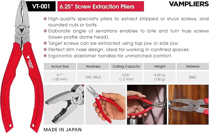 VAMPLIERS 4-Piece Stripped Screw Extractor Pliers Set. Made in Japan: 8" Linesman, 7.5" Long Nose, 6.25" Multipurpose & 5" ESD Safe Pliers. Remove any Stripped/Damaged/Rusted Screws.